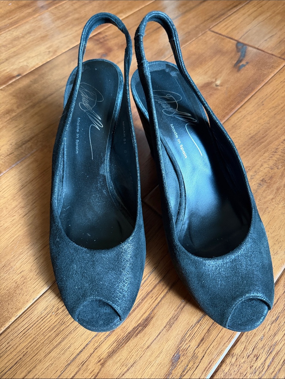 Black Slingback Peep-Toe Heels - Women's Dress Shoes. Distressed sparkling suede
